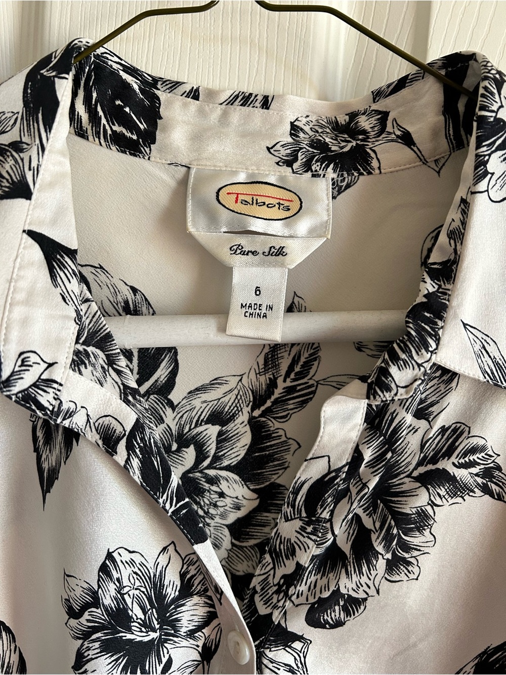 Talbots Black and White Floral Silk Button-Down Shirt